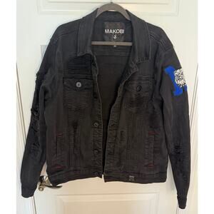 Makobi Premium Denim Jacket 2X Black Bulldog Patch Distressed Button-Up